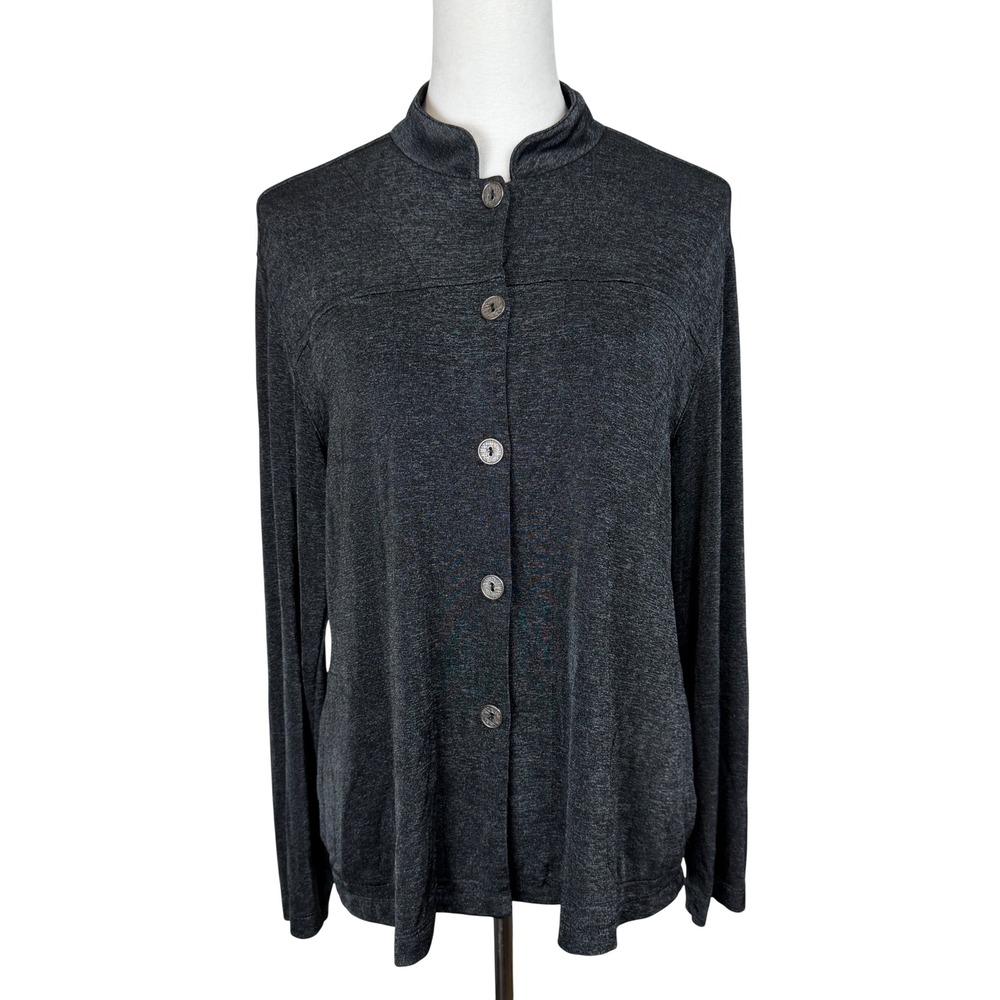 Chico's Women Travelers Button Top Size 2 Gray Mock Neck Slinky Knit Cardigan
